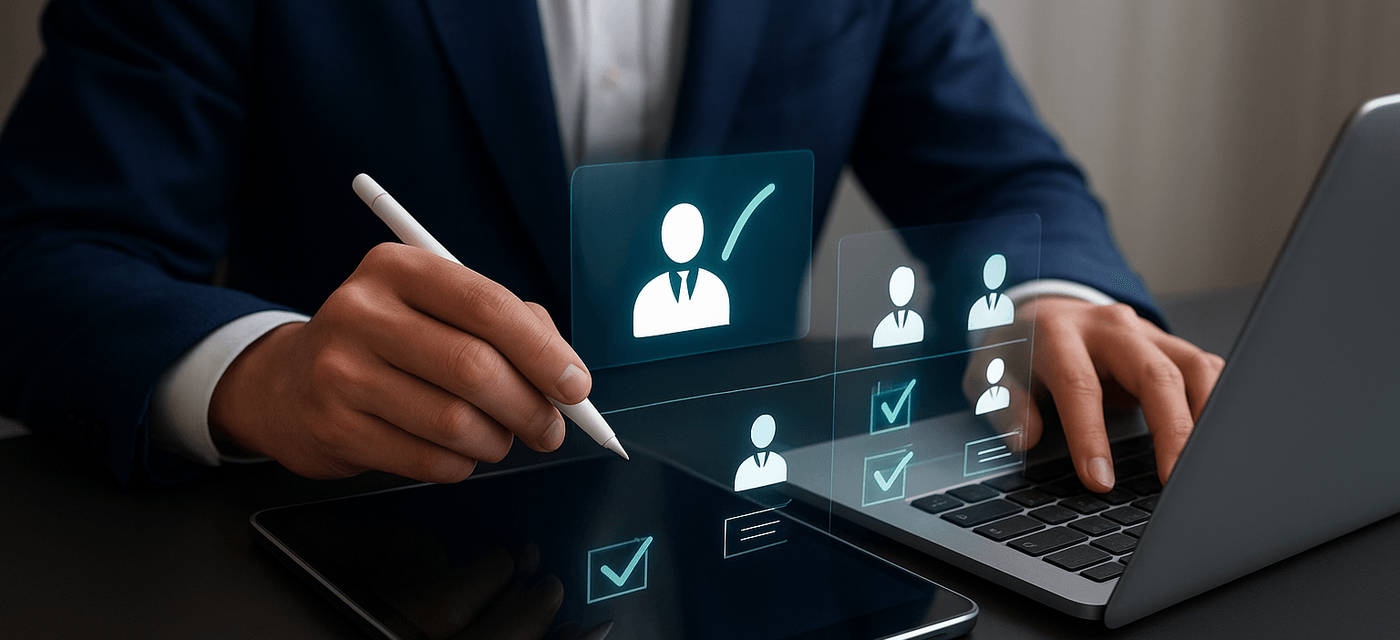 Business professional working with a tablet and laptop, using a digital stylus while reviewing holograms with selection icons and human profiles, representing digital HR processes.