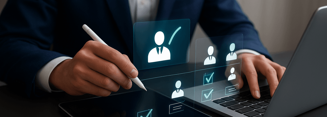 Business professional working with a tablet and laptop, using a digital stylus while reviewing holograms with selection icons and human profiles, representing digital HR processes.