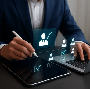 Business professional working with a tablet and laptop, using a digital stylus while reviewing holograms with selection icons and human profiles, representing digital HR processes.